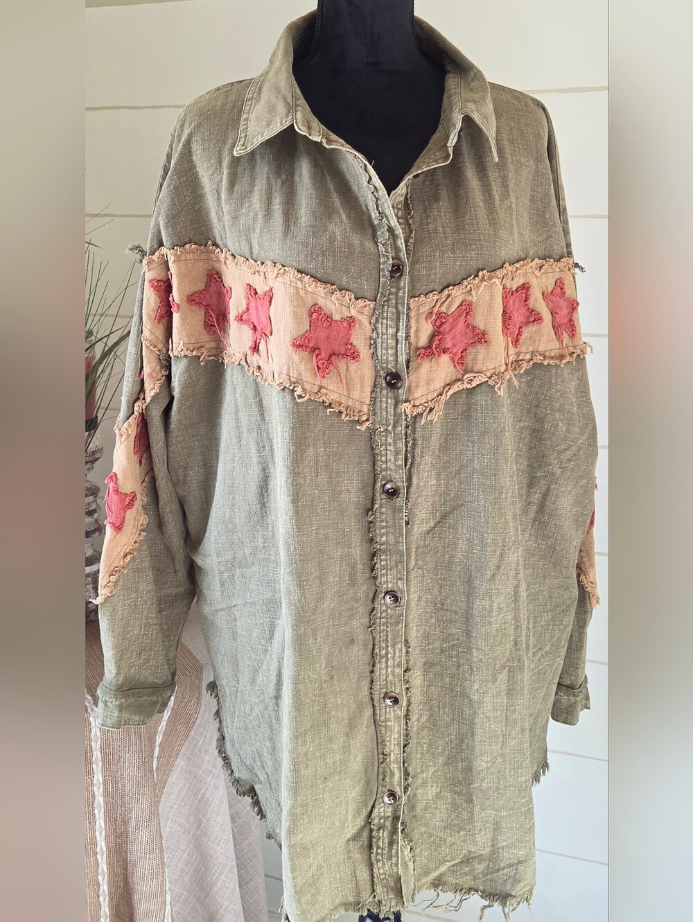 Oli Hali POL Style Green Red Star Patchwork Oversized Frayed Shacket Jacket S